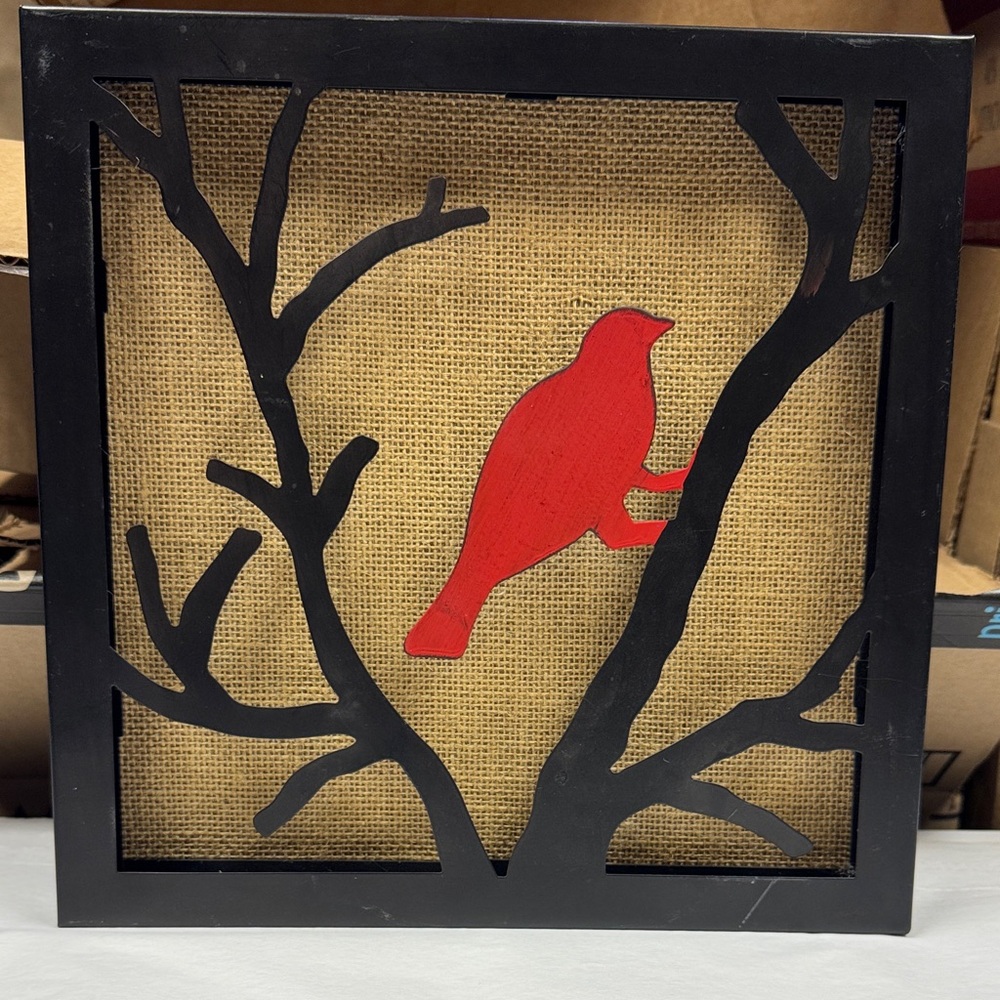 Black Frame with Red metal bird Bird on metal tree with burlap Wall Art